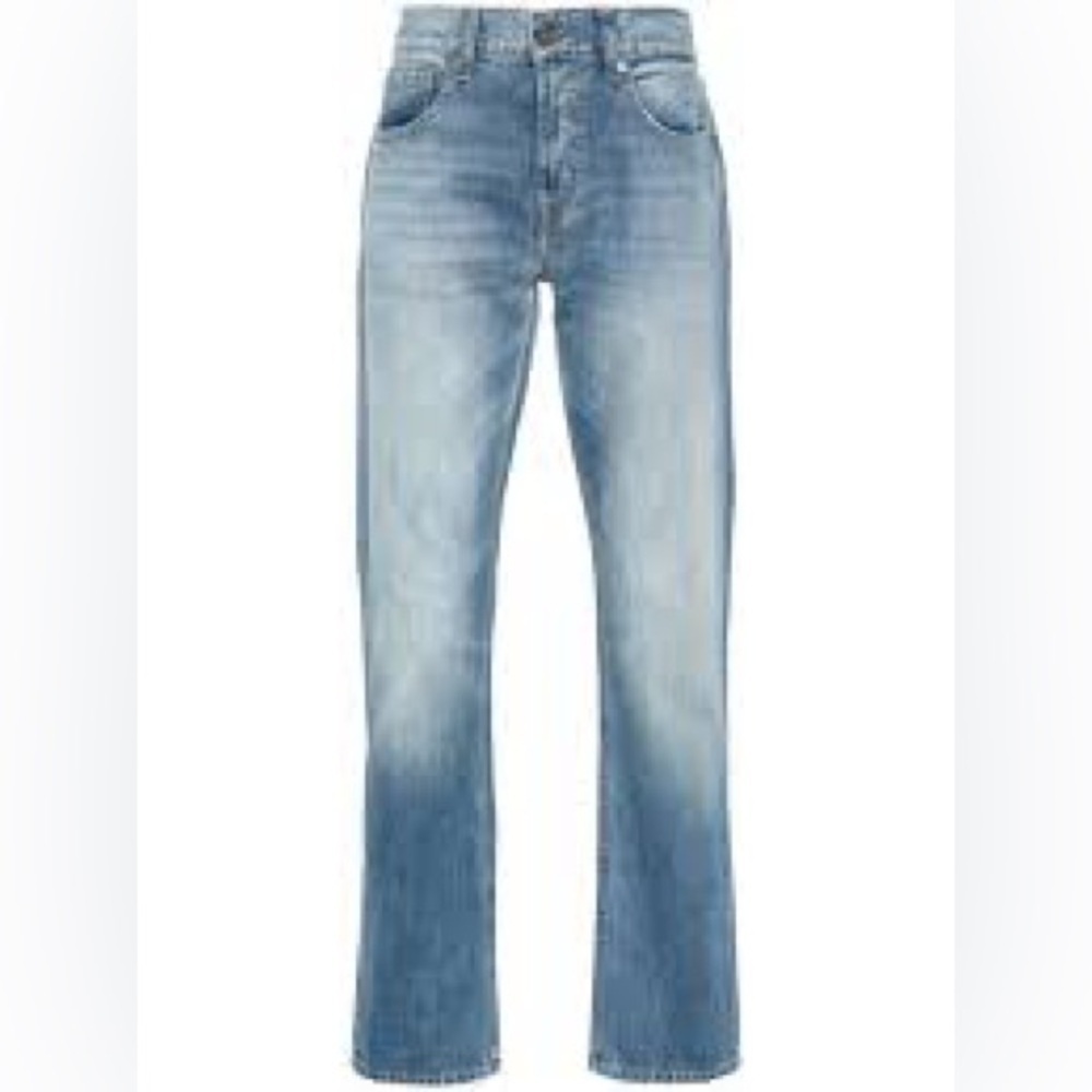 7 For All Mankind| Men's Faded Blue Logo-Patch Designer Straight Jeans Sz 31